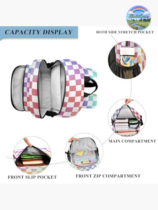 Checkered Laptop Backpack with Compartments Large Capacity Travel Daypack